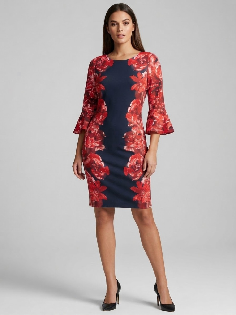 Calvin Klein Navy Sheath Dress with Red Floral Panels 8